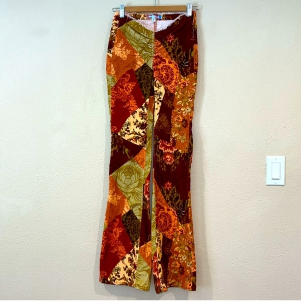 Velvet Floral Patchwork 60s 70s Vintage Aesthetic Bell Bottom Flare Pants Boho - Picture 4 of 15